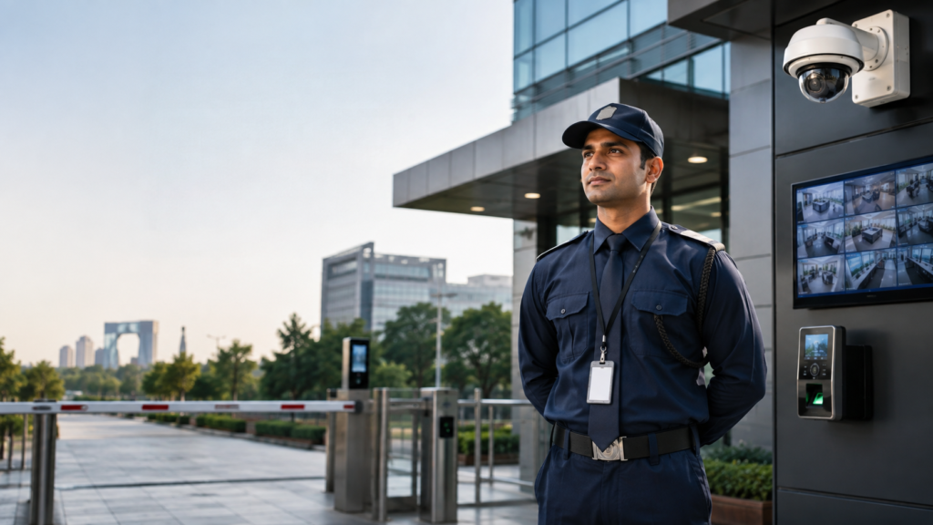 Professional Indian security guard monitoring access control and CCTV systems at a modern corporate building entrance in Delhi.